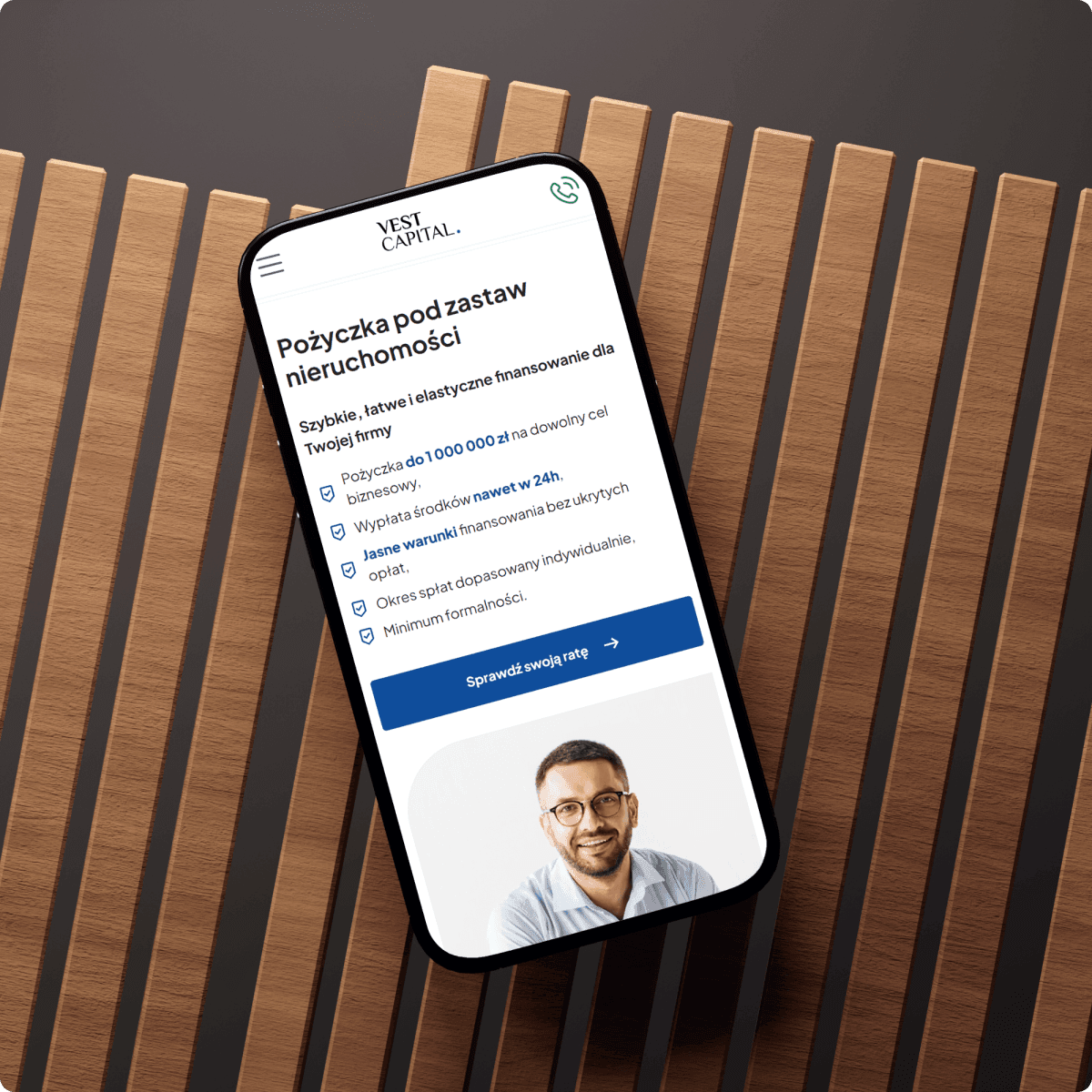 Landing Page Vest Capital na telefonie